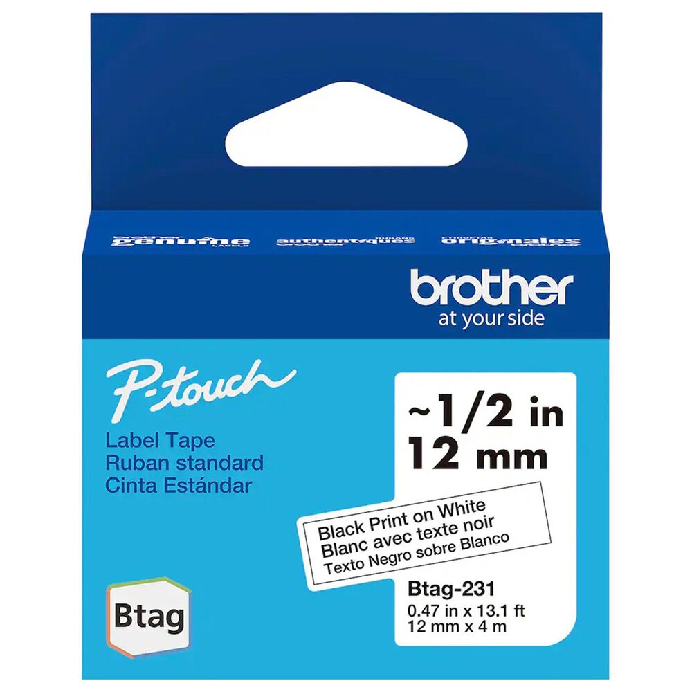 Brother 12mm x 4m P-touch Btag Black on White Label Tape, , large
