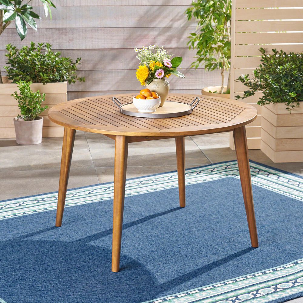 Hearth and Haven Outdoor Wooden Dining Table with Straight Leg and Round Tabletop in Teak, , large