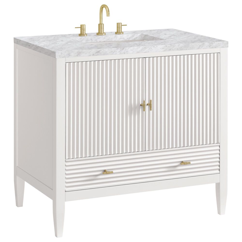 James Martin Vanities Myrrin 36" Vanity in Bright White with 3 cm Carrara White Marble Top, , large