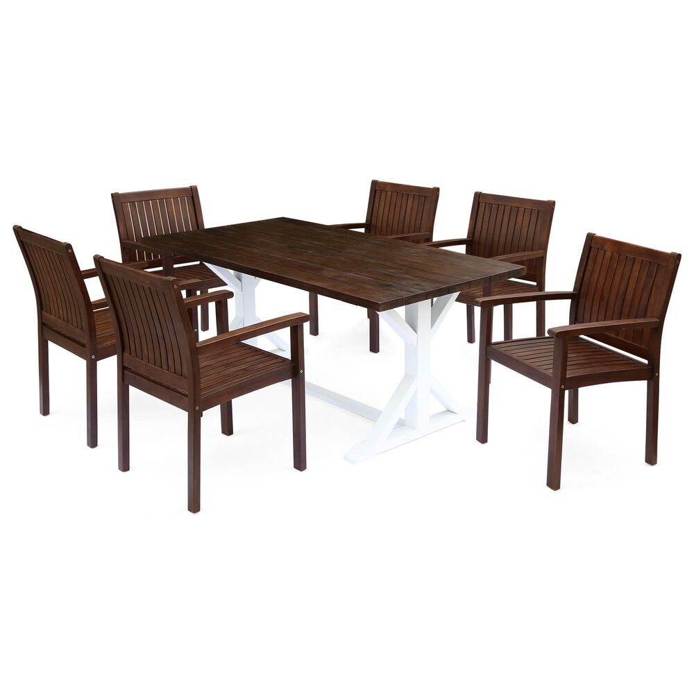 Noble House Cassia 7-Piece Patio Dining Set in Dark Brown and White, , large