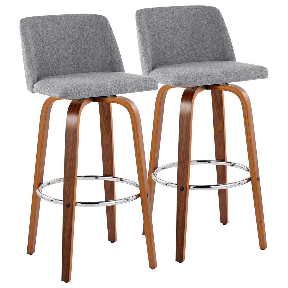 LumiSource Toriano Swivel Bar Stool with Grey Fabric Upholstery in Walnut and Chrome (Set of 2), , large