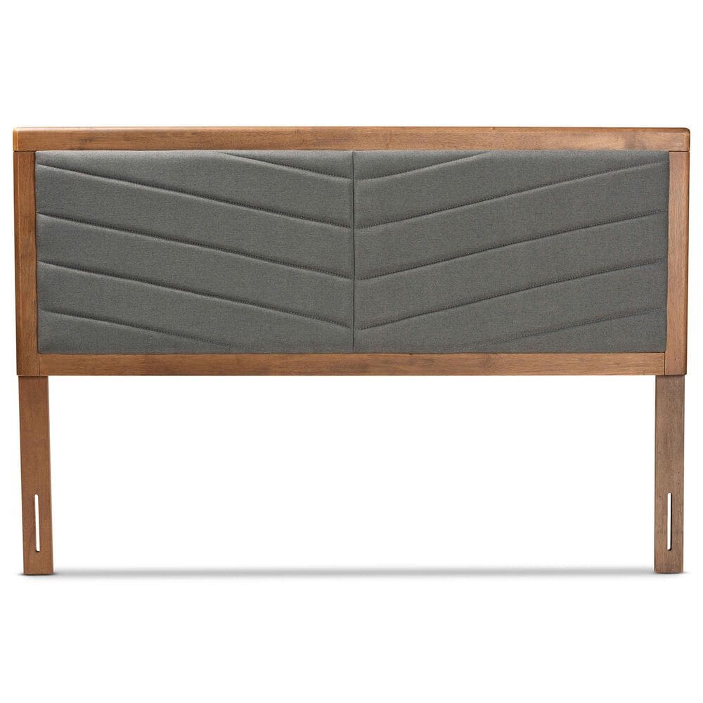 Baxton Studio Iden Queen Panel Headboard with Dark Grey Fabric in Walnut Brown, , large