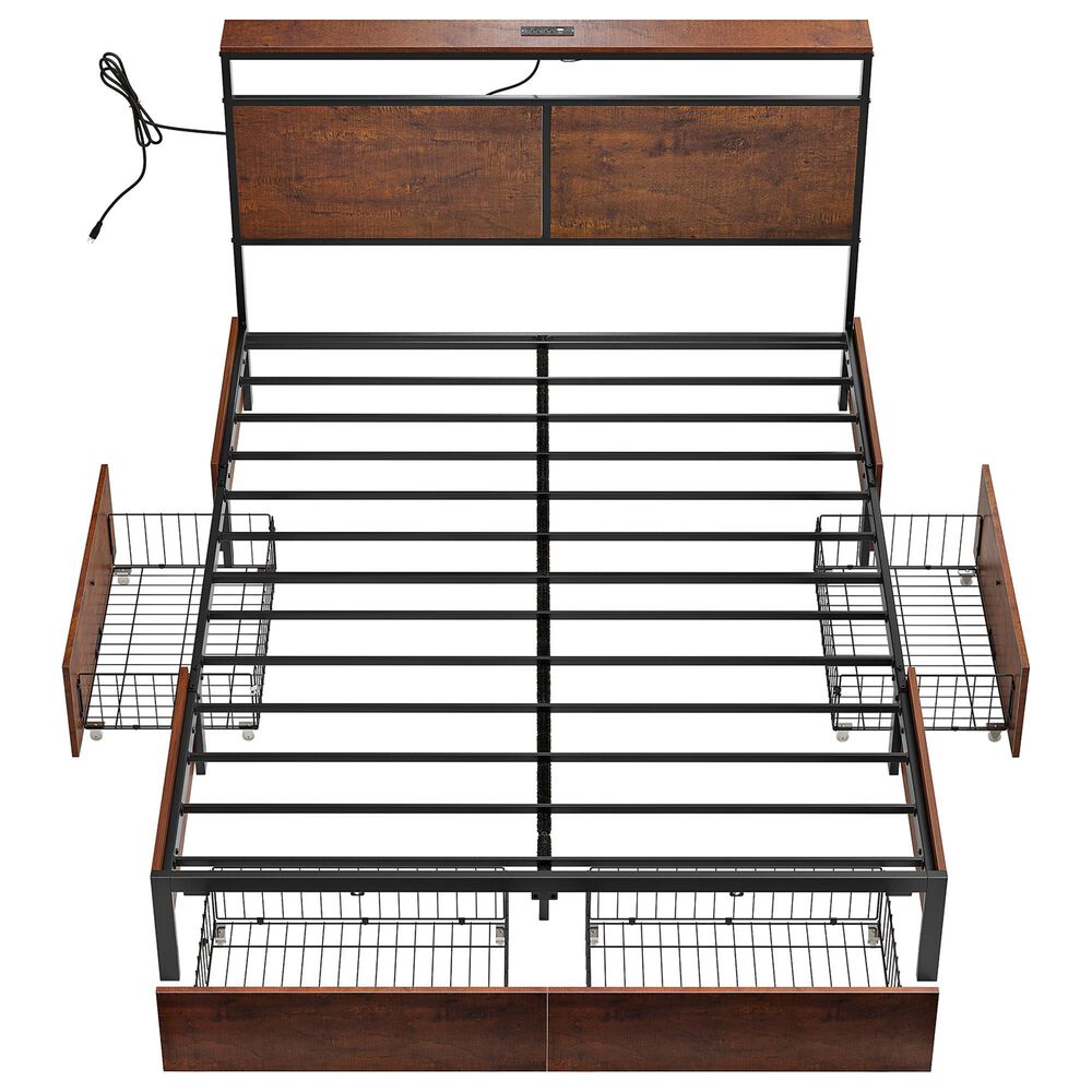 HOMLUX Queen 4-Drawer Storage Bed with LED Headboard and Charging Station in Rustic Brown, , large