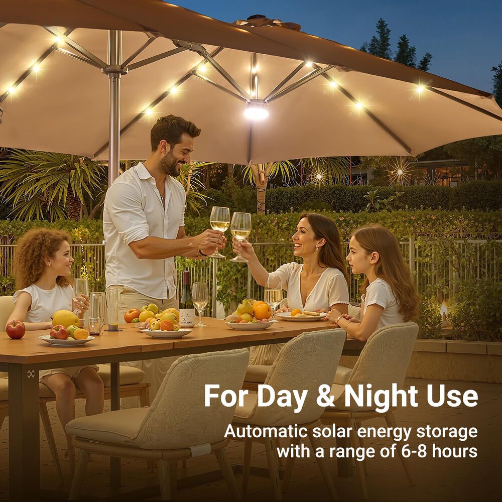 HOMLUX 15' Outdoor Market Umbrella with Sandbags Base and LED Lights in Khaki, , large