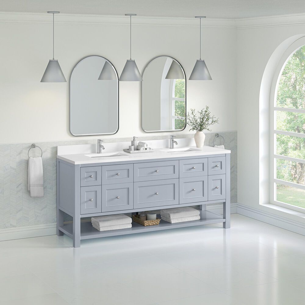 James Martin Vanities Breckenridge 72&quot; Double Bathroom Vanity in Serenity Blue with Single Hole 3 cm White Zeus Quartz Top and Rectangular Sinks, , large