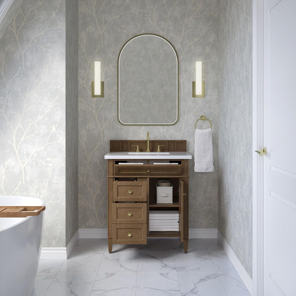 James Martin Brittany 30" Single Bathroom Vanity in Pecan with 3 cm White Zeus Silestone Top and Rectangular Sink, , large