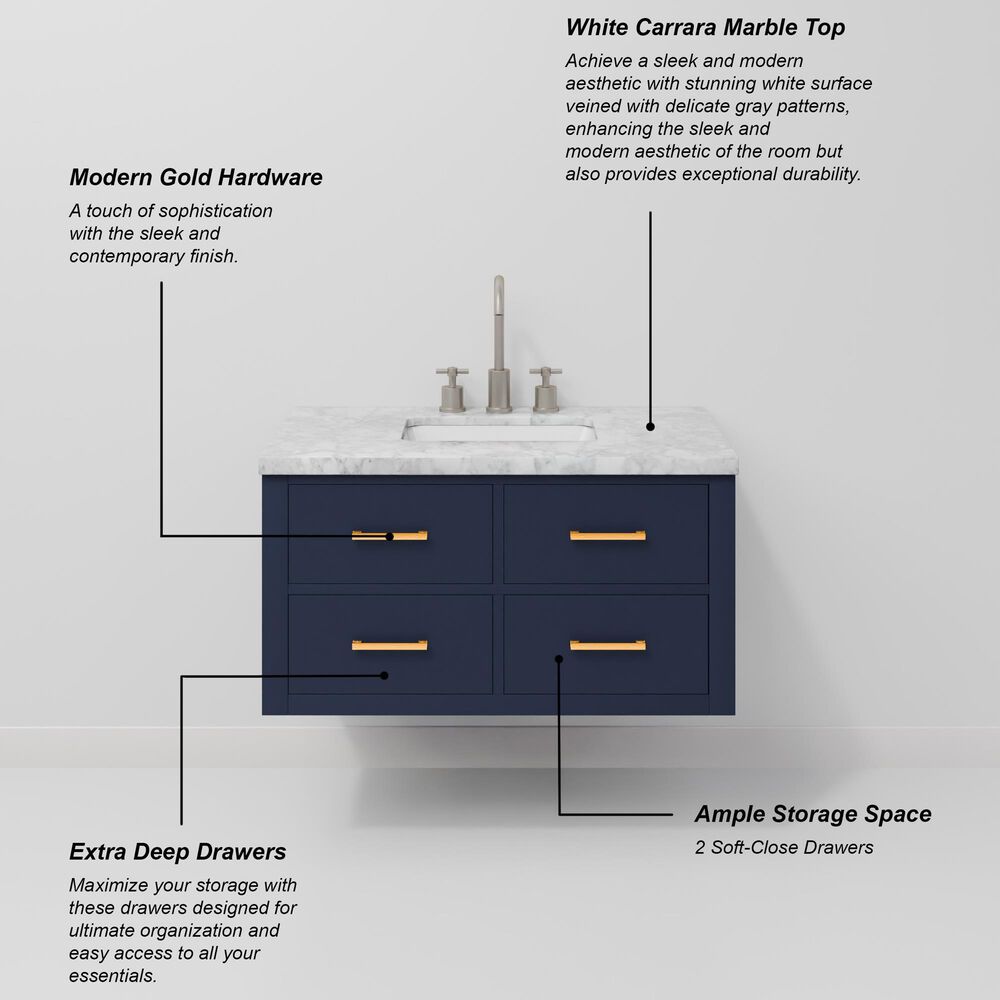 Lexora Home Castor 36" Single Bathroom Vanity in Blue with 2 cm White Carrara Marble Top and Rectangular Sink, , large