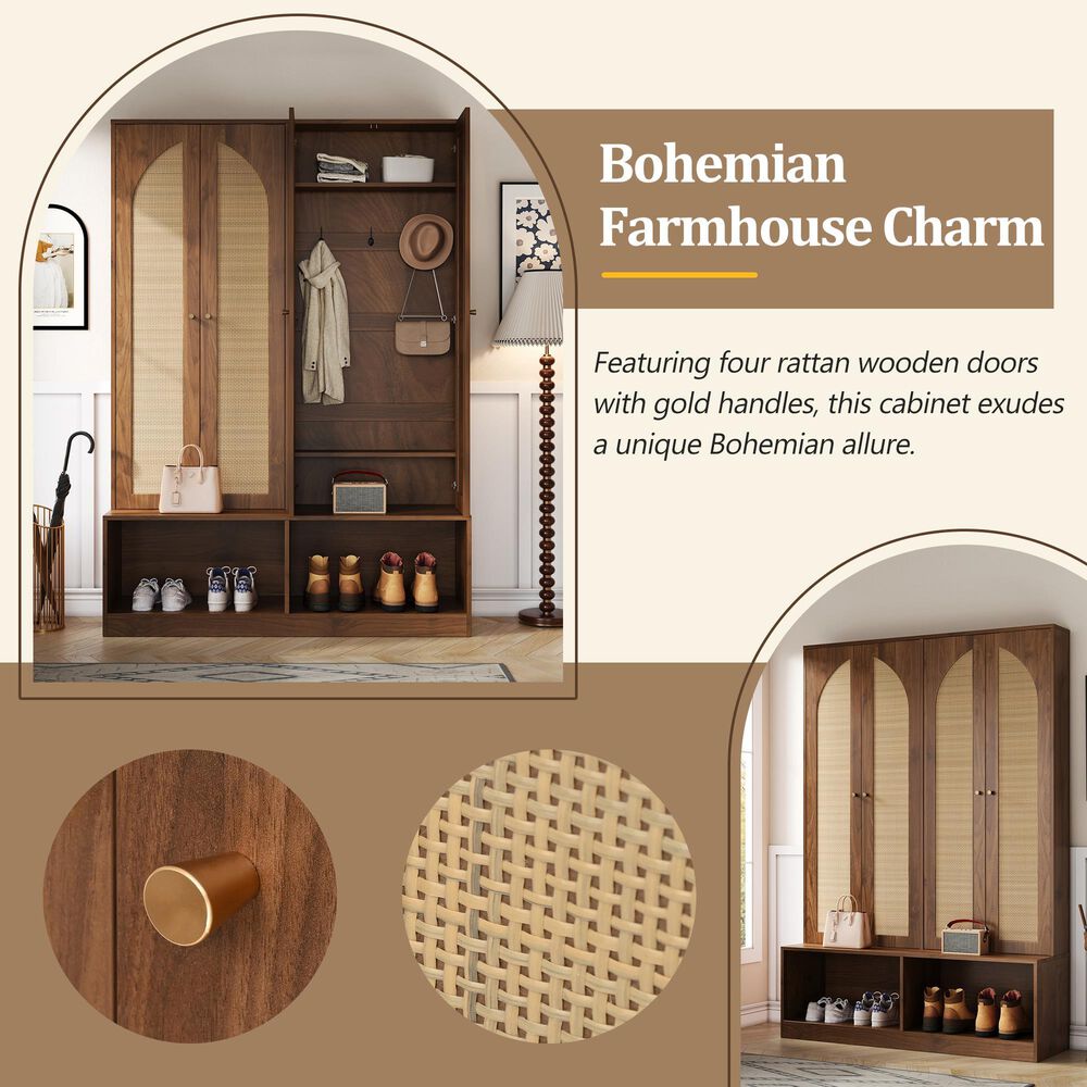 HOMLUX 6-Hook Hall Tree with 2-Rattan Doors in Walnut, , large
