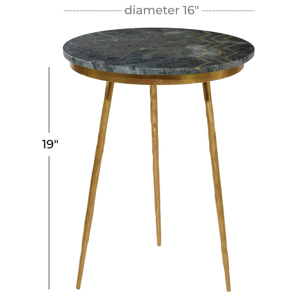 Maple and Jade Accent End Table with Metal Tripod Legs and Zig-Zag Detail in Matte Green and Satin Gold, , large