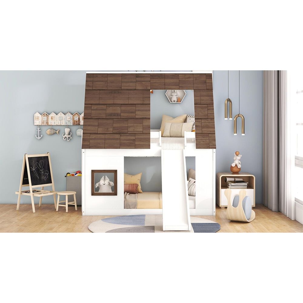 Hearth and Haven Twin over Twin House Bunk Bed with Roof in White and Brown, , large