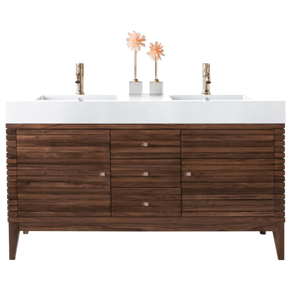 James Martin Vanities Linear 59" Double Bathroom Vanity in Mid Century Walnut with 15 cm Glossy White Solid Surface Top and Rectangular Sinks, , large