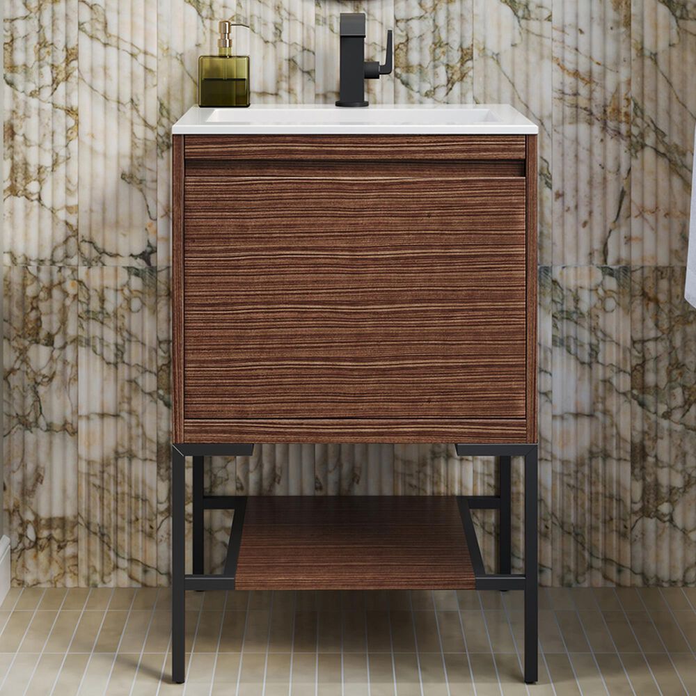 James Martin Mantova 23.6&quot; Single Vanity in Mid-Century Walnut and Matte Black with 3 cm Glossy White Composite Stone Top and Rectangular Sink, , large