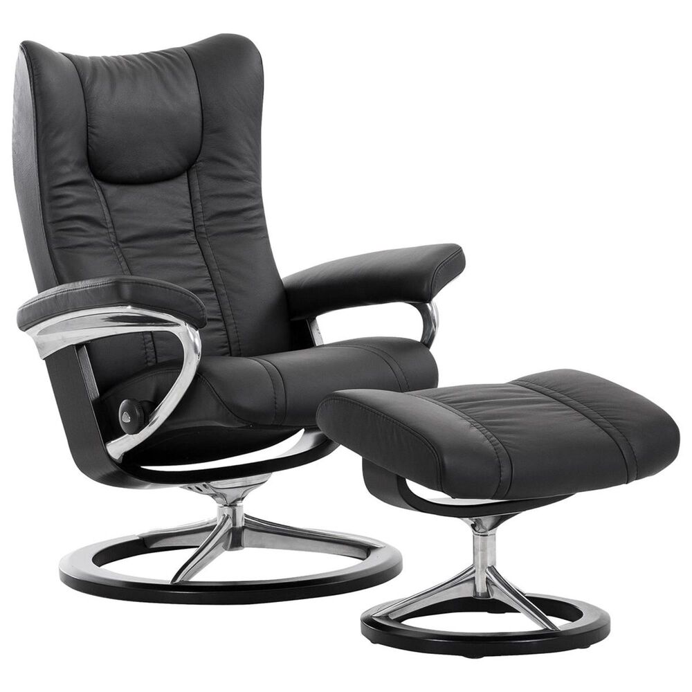 Stressless Wing Large Chair and Ottoman in Paloma Black with Signature Base, , large