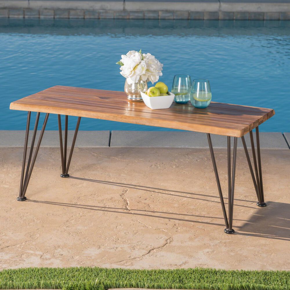 Hearth and Haven Zion Outdoor Modern Rectangular Coffee Table with Metal Hairpin Legs in Teak, , large