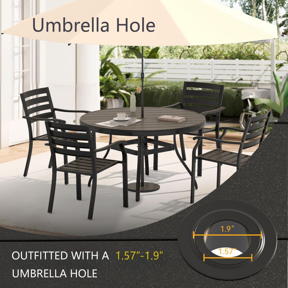 Hearth and Haven 5-Piece Outdoor Metal Dining Set with Stackable Chairs and Round Slatted Table in Black, , large