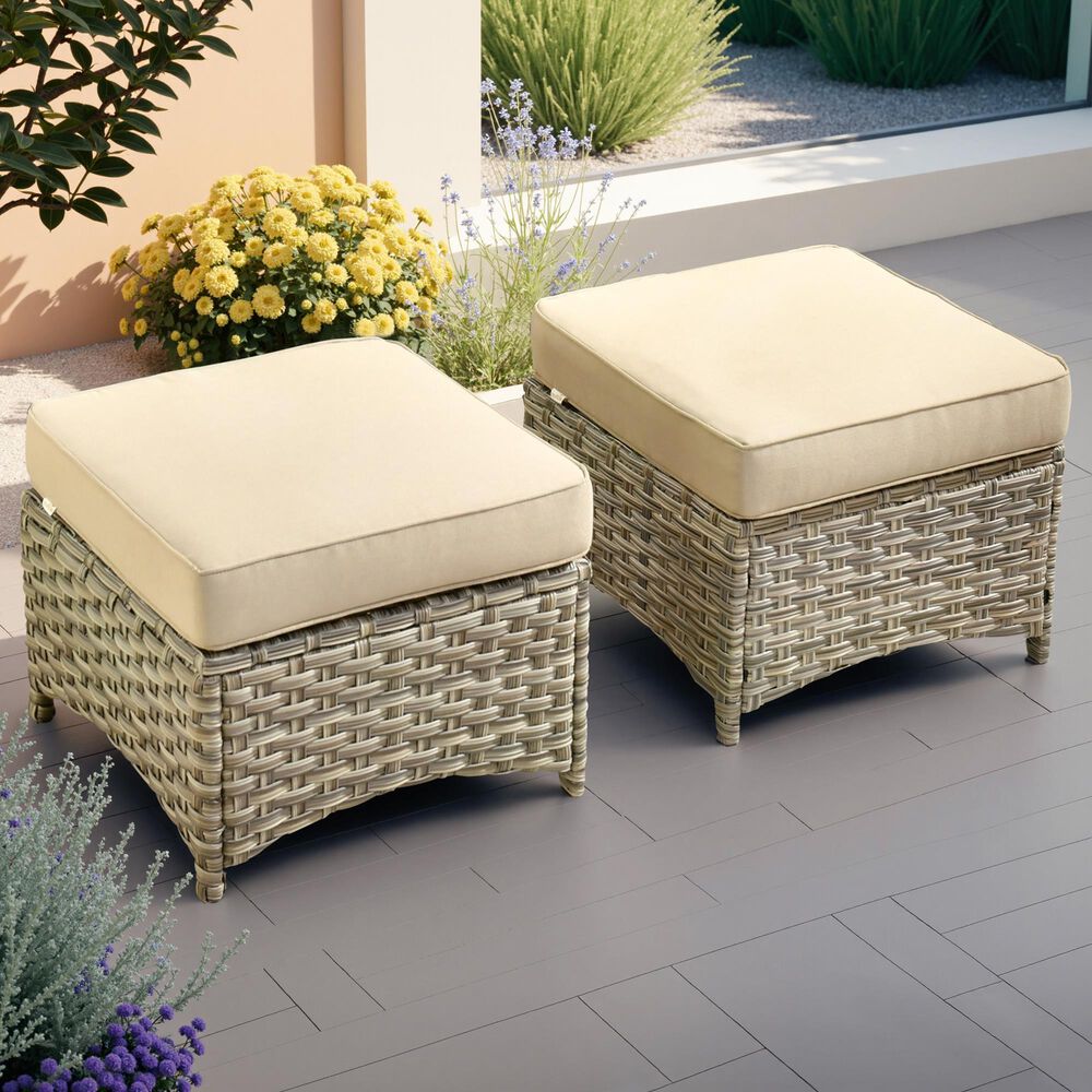 HOMLUX 2-Piece Outdoor Wicker Ottoman Set with Cushion in Beige, , large
