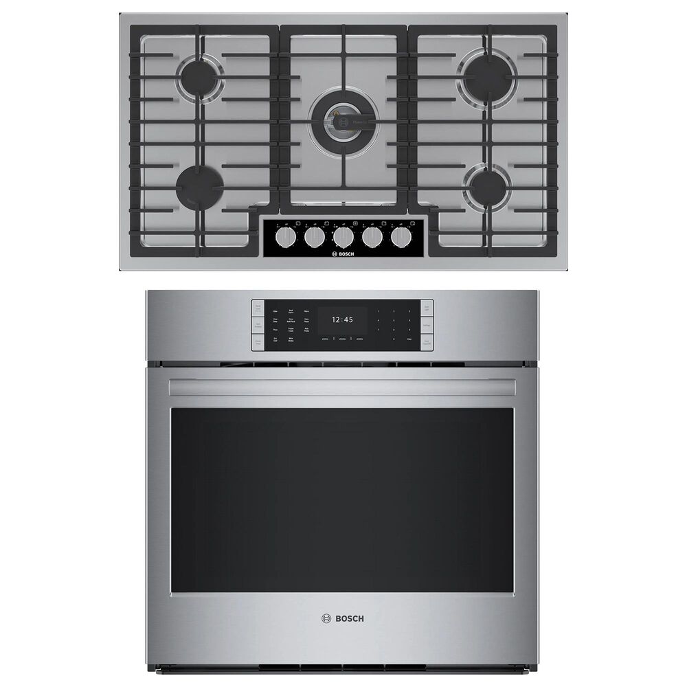 Bosch Benchmark 2-Piece Kitchen Package with 30" Single Electric Wall Oven and 36" Gas Cooktop in Stainless Steel and Black, , large