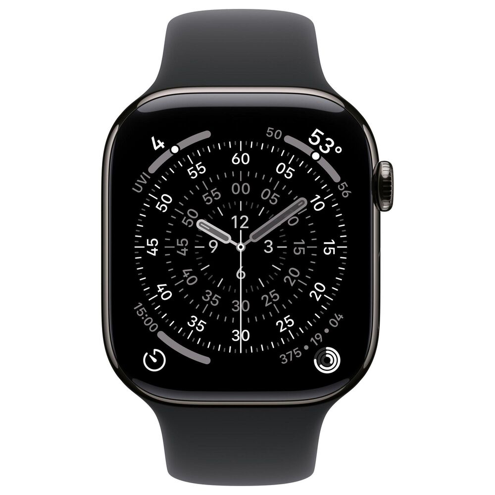Apple Watch Series 11 (GPS+Cellular) 46mm Titanium Case with Black Sport Band - M/L in Slate and 2-Year AppleCare+, , large