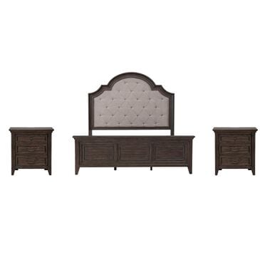 Belle Furnishings Paradise Valley Upholstered Bed and 2 Nightstands in Saddle Brown, , large