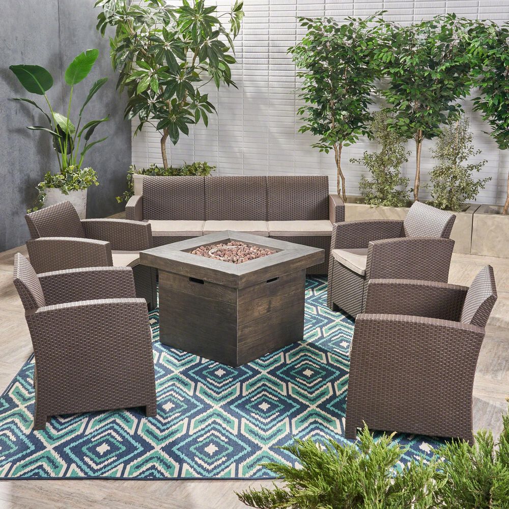 Noble House Selway 6-Piece Patio Square Firepit Chat Set in Brown, , large
