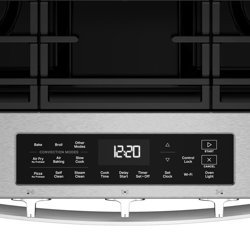 Whirlpool 2-Piece Kitchen Package with 5 Cu. Ft. Smart Gas Range and 1.1 Cu. Ft. Flush Mount Microwave in Fingerprint Resistant Stainless Steel, , large