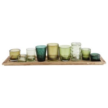 Creative Coop 10-Piece Wood Tray with Glass Votive Holder Set in Green, , large
