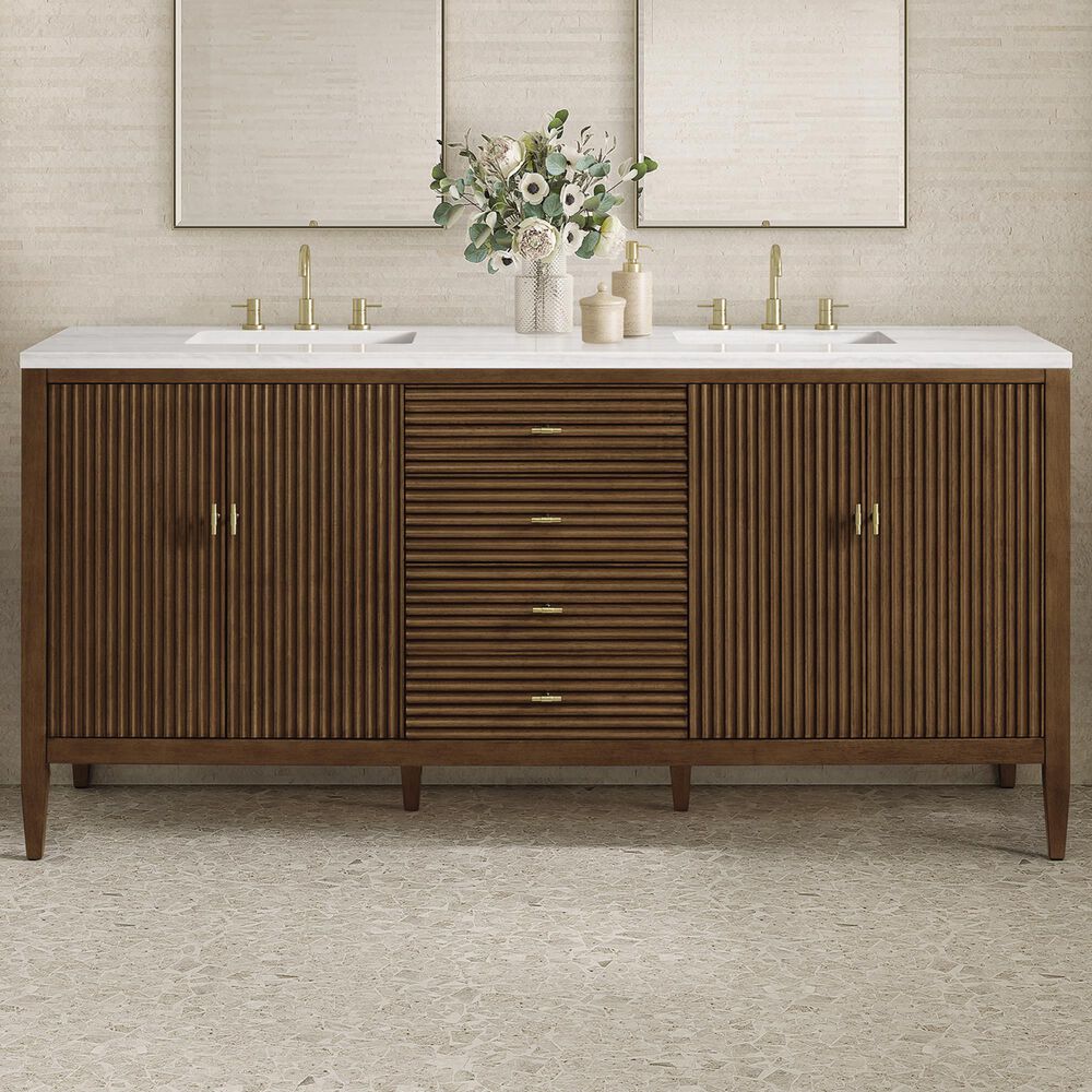 James Martin Vanities Mirin 72&quot; Double Vanity in Mid-Century Walnut with 3 cm Arctic Fall Solid Surface Top, , large