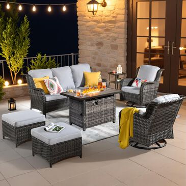 HOMLUX 7-Piece Patio Set with 42 Inch Fire Pit Table, Outdoor Wicker Sofa and Swivel Rocking Chairs, Grey Rattan in Gray, , large