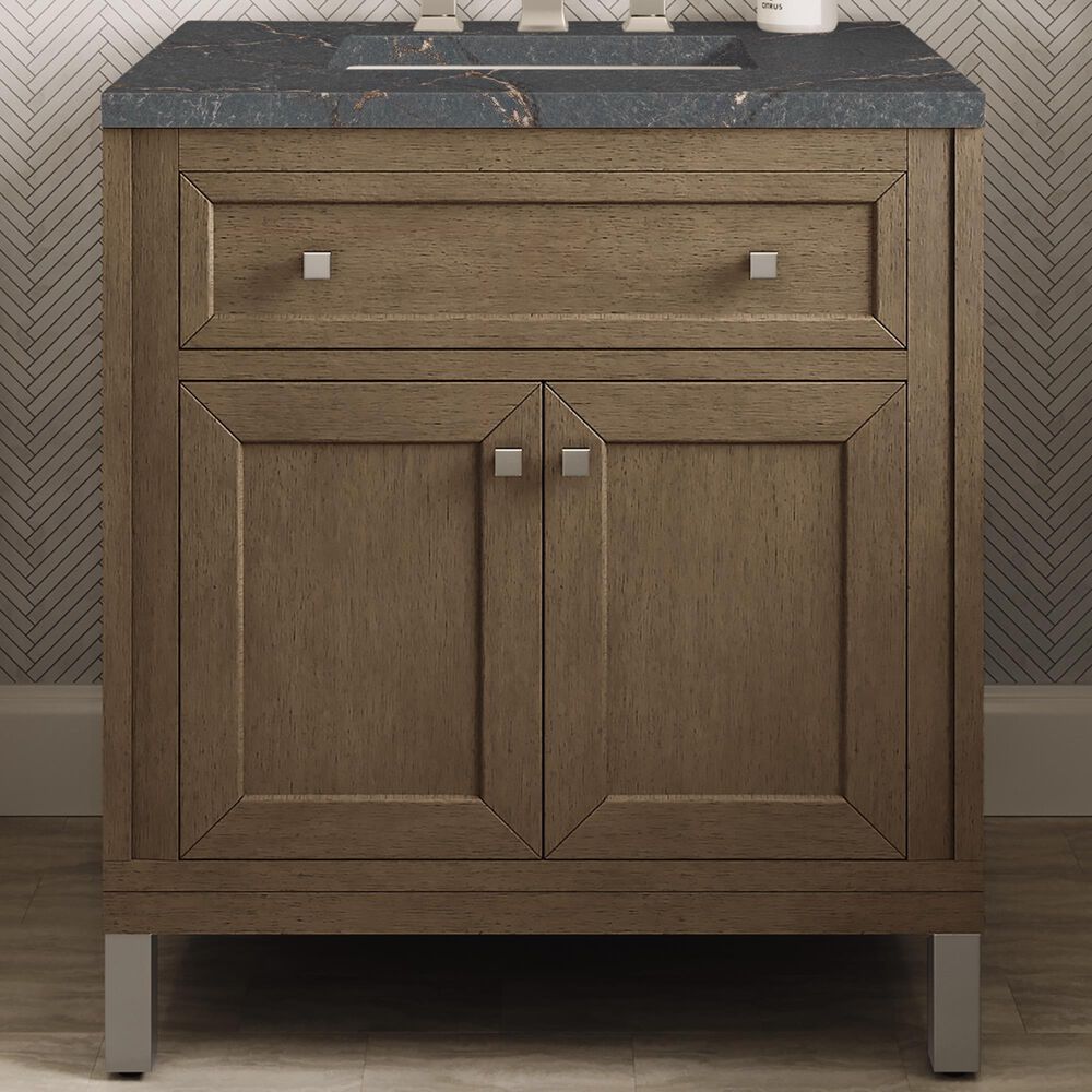 James Martin Vanities Chicago 30&quot; Single Bathroom Vanity in Whitewashed Walnut with 3 cm Parisien Bleu Quartz Top and Rectangular Sink, , large