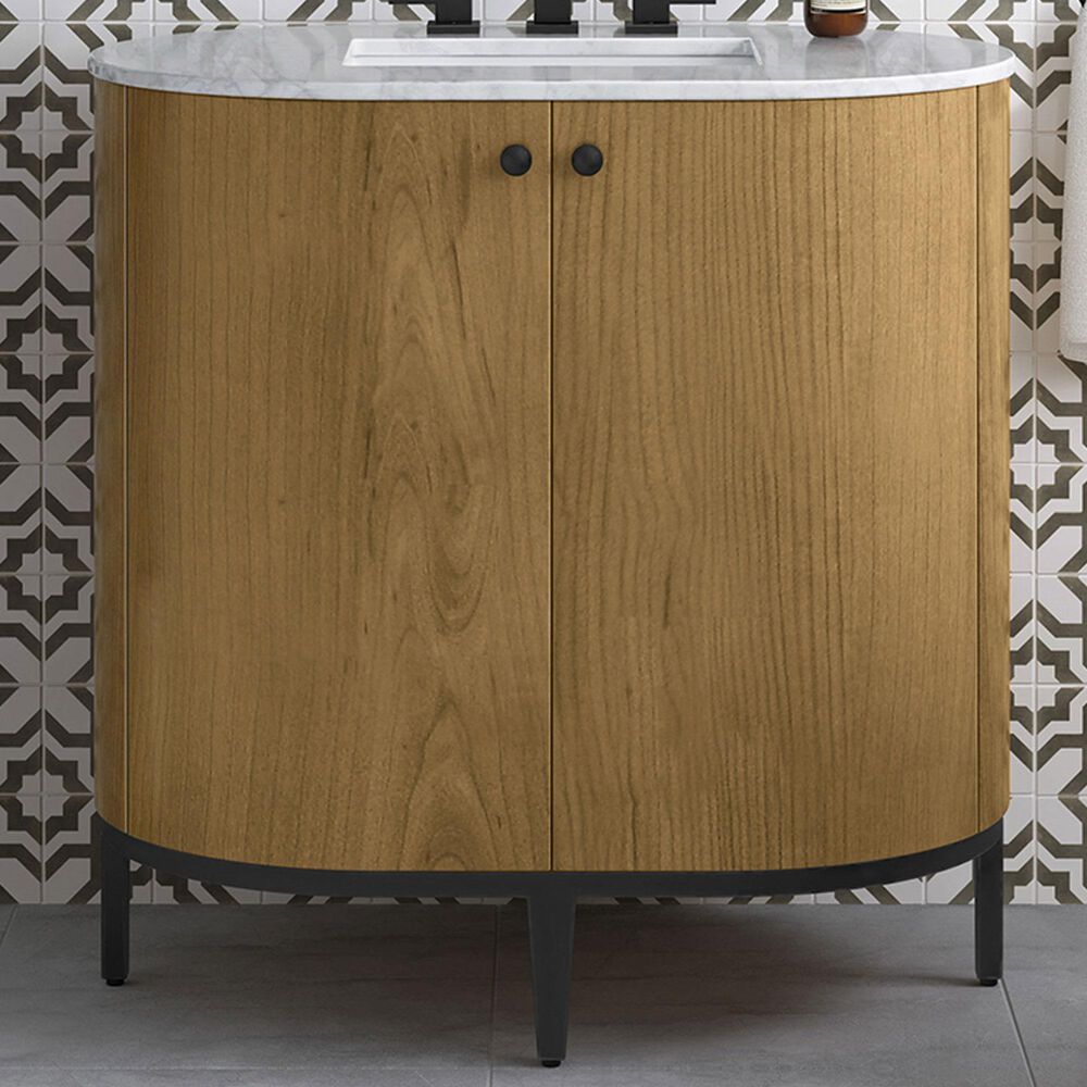 James Martin Vanities Bellamy 36" Single Bathroom Vanity in Rustic Oak with 3 cm Carrara White Marble Top and Rectangular Sink, , large