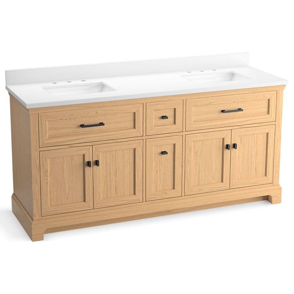 Kohler Charlemont 72" Double Bathroom Vanity in Light Oak with 3 cm White Quartz Top and Rectangular Sinks, , large