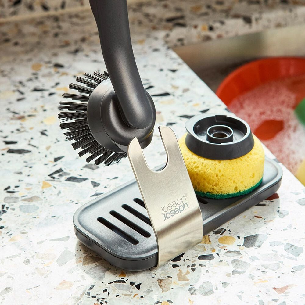Joseph Joseph SinkTech Washing Up Brush and Sponge Set with Steel Stand in Grey, , large