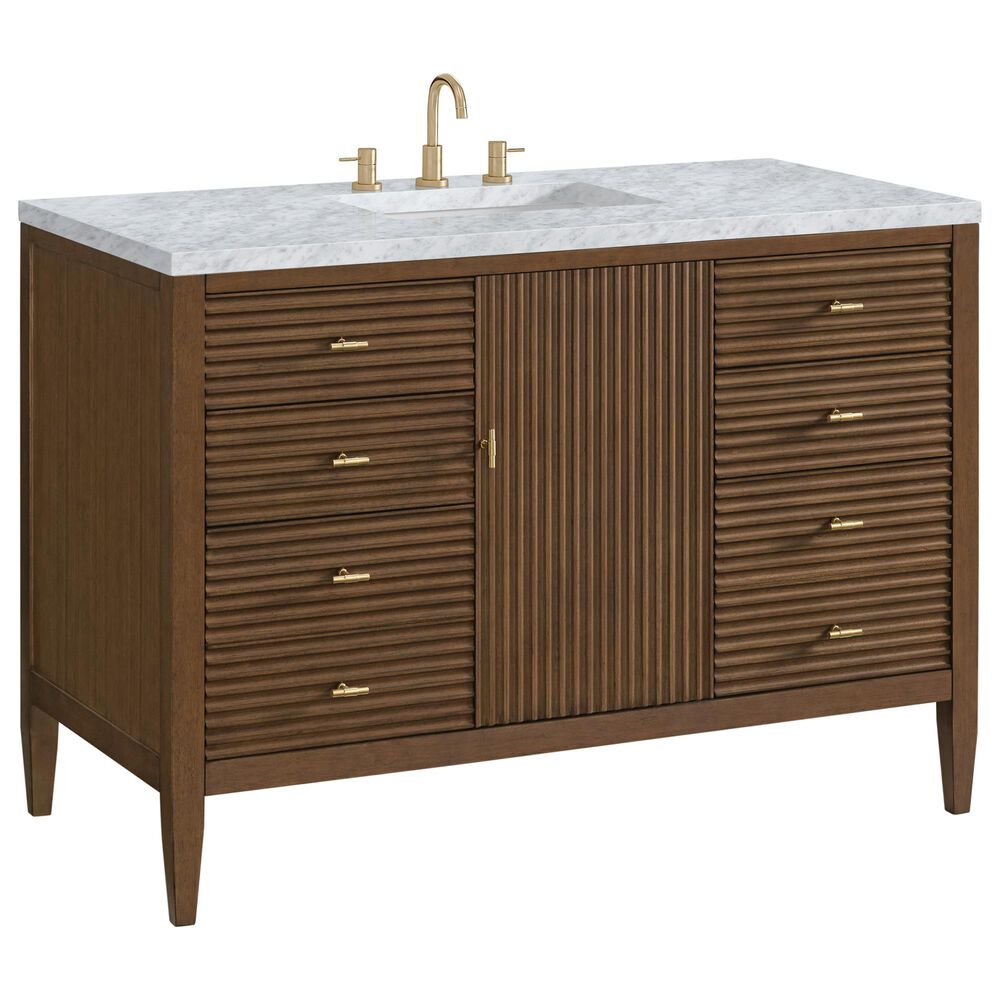 James Martin Vanities Myrrin 48" Vanity in Mid-Century Walnut with 3 cm Carrara White Marble Top, , large