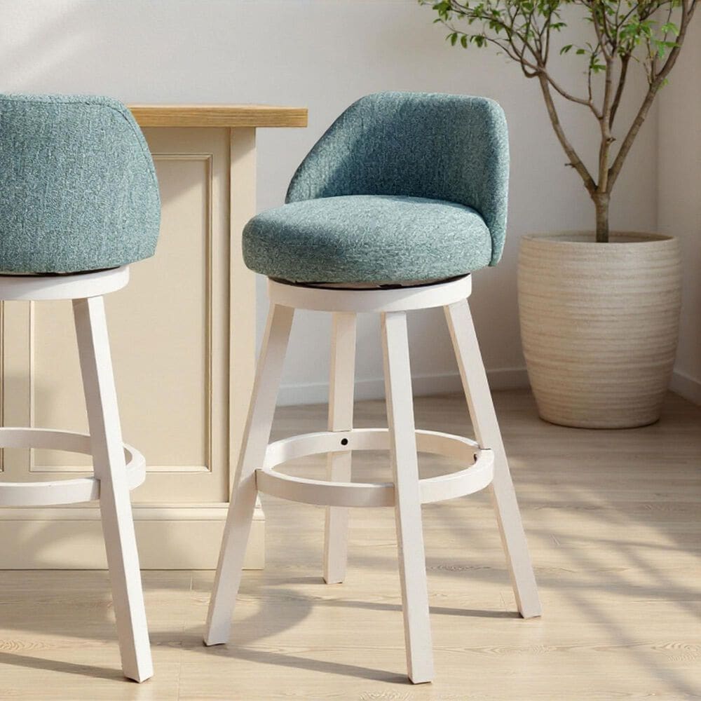 Armen Living Erika Swivel Bar Height Stool with Light Blue Upholstery in White, , large