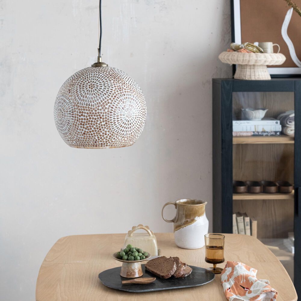Teak Interiors 1-Light Glass Mosaic Pendant Lamp in Antique Gold, , large