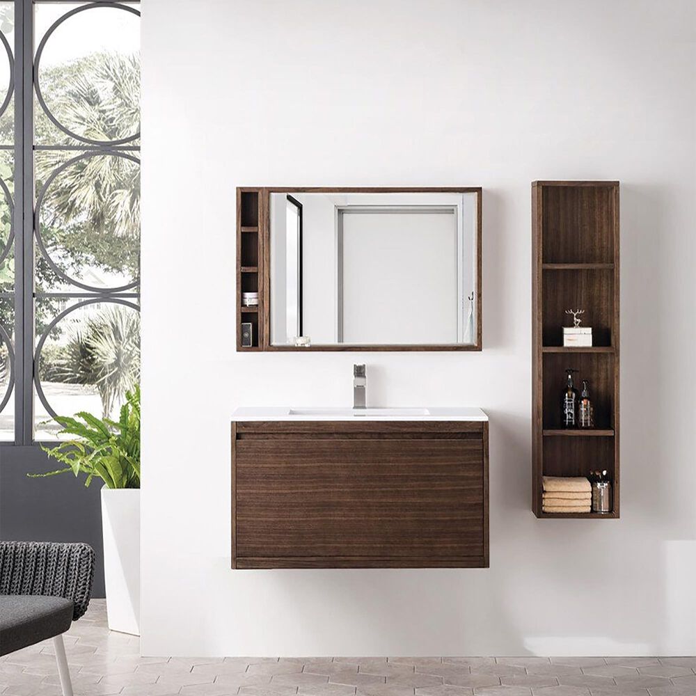James Martin Vanities Mantova 35.4&quot; Single Vanity in Mid-Century Walnut and Matte Black with 3 cm Glossy White Composite Stone Top and Rectangular Sink, , large