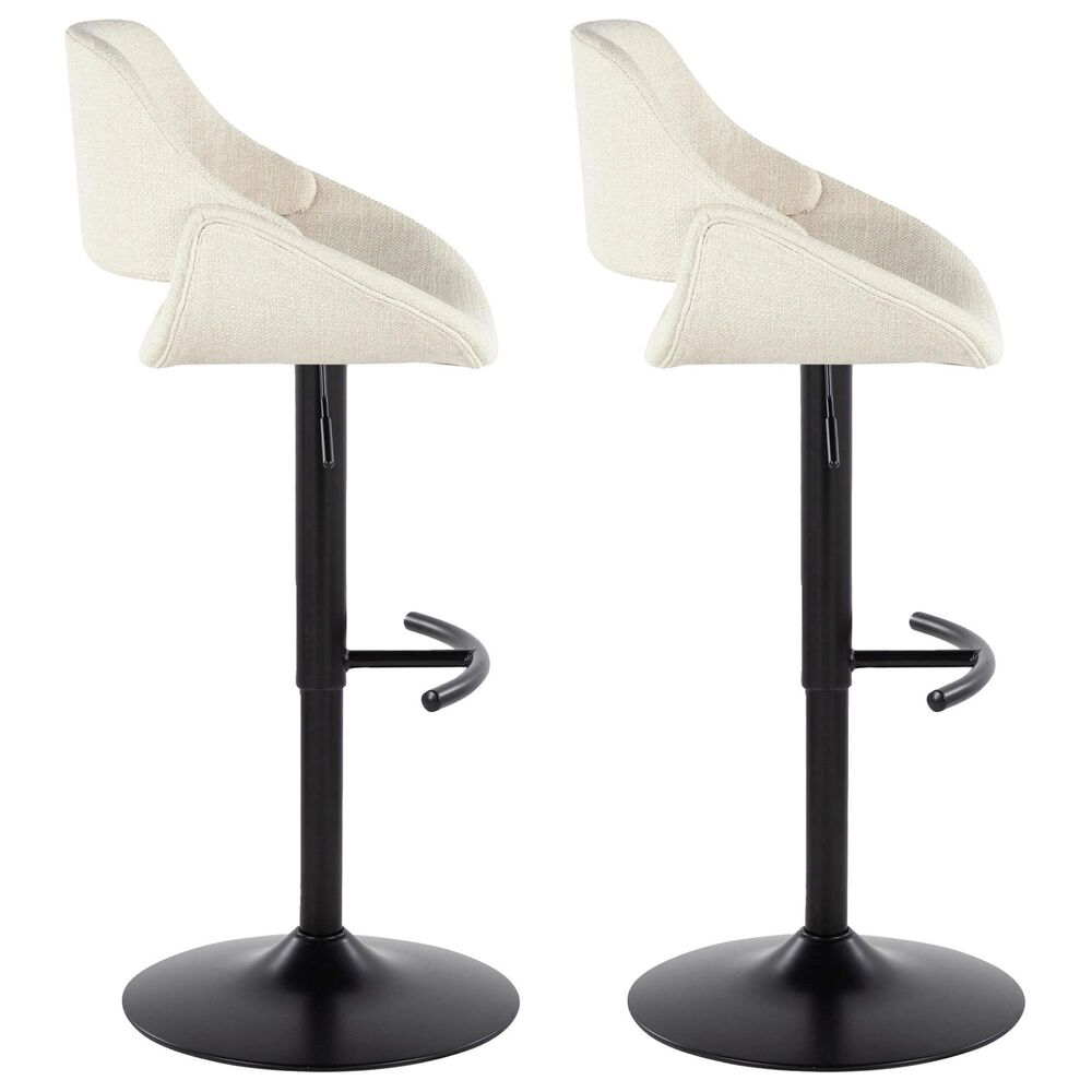 LumiSource Fabrico Swivel Adjustable Bar Stool with Cream Noise Fabric Upholstery and Rounded T Footrest in Black (Set of 2), , large