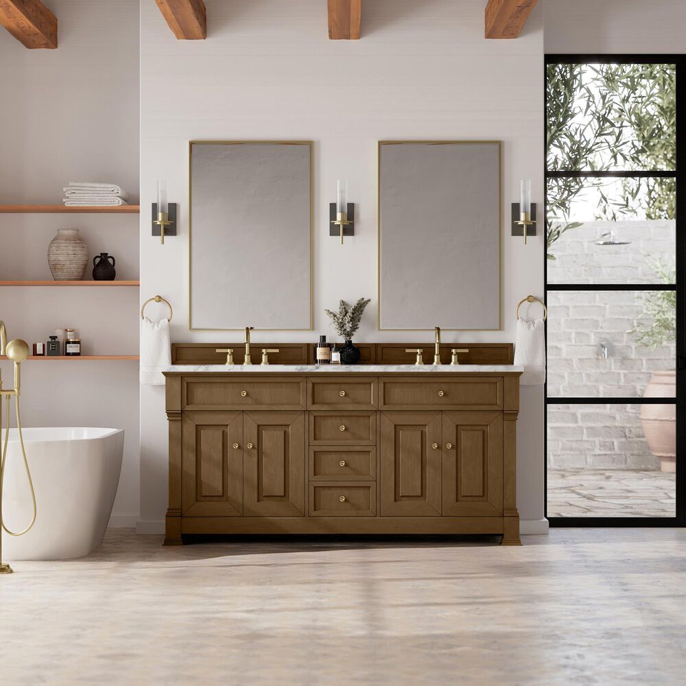 James Martin Vanities Brookfield 72" Double Bathroom Vanity in Honey Oak with 3cm Carrara White Marble Top and Rectangular Sinks, , large