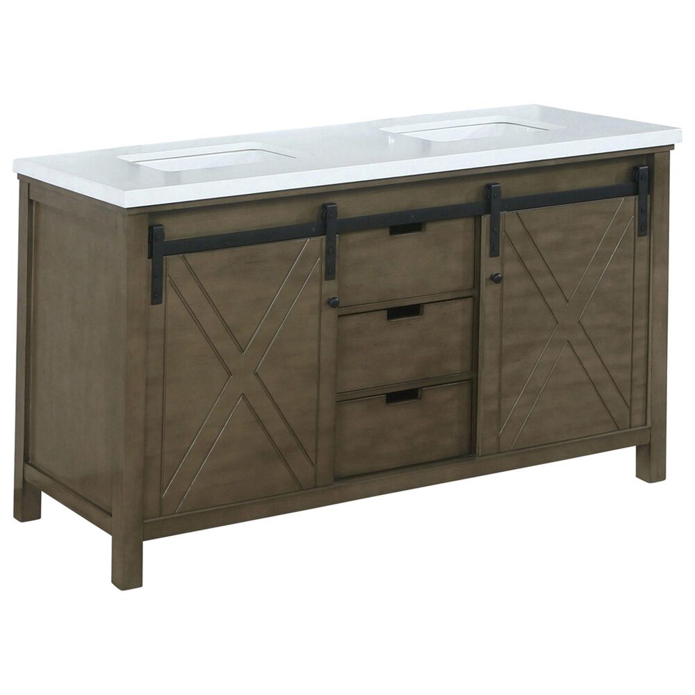 Lexora Home Marsyas 60" Double Bathroom Vanity in Rustic Brown with White Quartz Top and Rectangle Sinks, , large