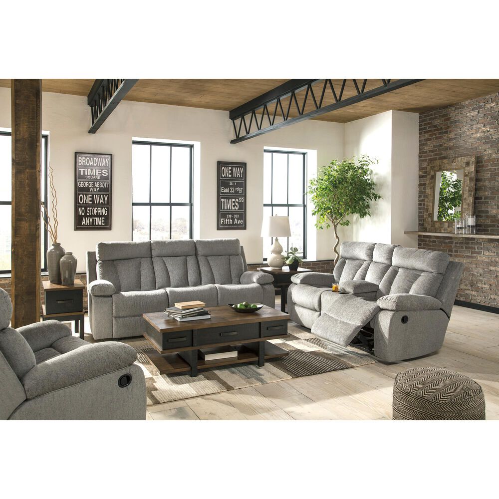 Ashley Mitchiner Manual Recliner Sofa with Drop Down Table in Fog, , large