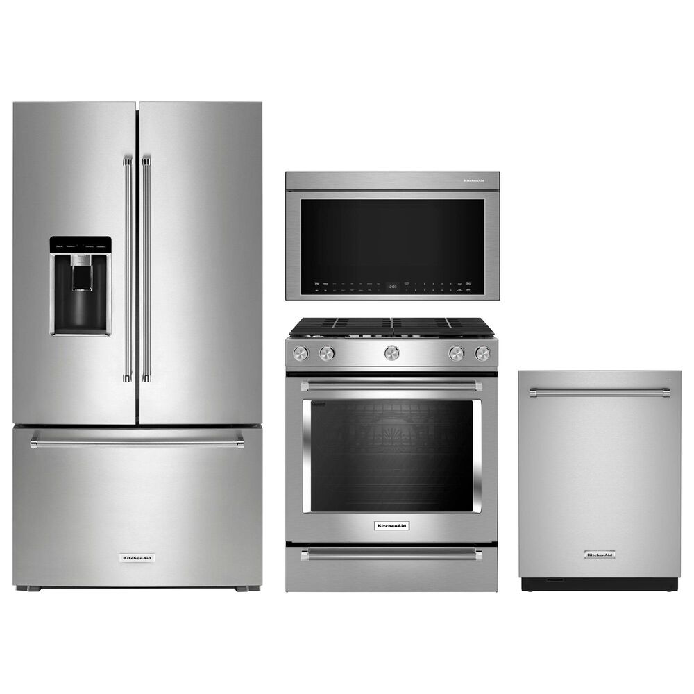 KitchenAid 4pc Kitchen Package with Refrigerator, Range, Microwave, and Dishwasher in Stainless Steel, , large