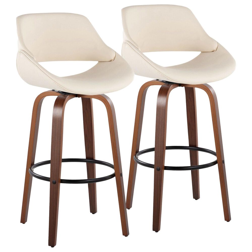 LumiSource Fabrico 30" Swivel Fixed-Height Bar Stool with Cream Faux Leather Upholstery in Black and Walnut (Set of 2), , large