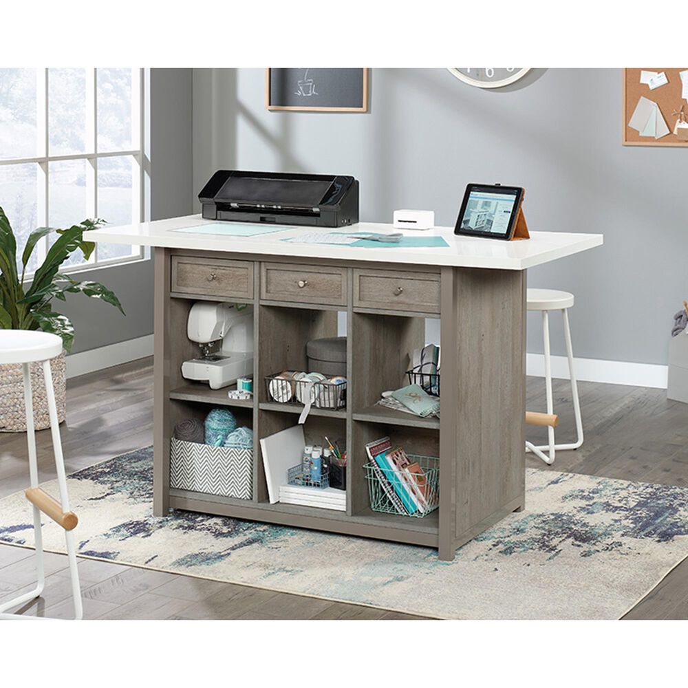 Sauder Craft Pro Work Table with Storage in White and Mystic Oak, , large