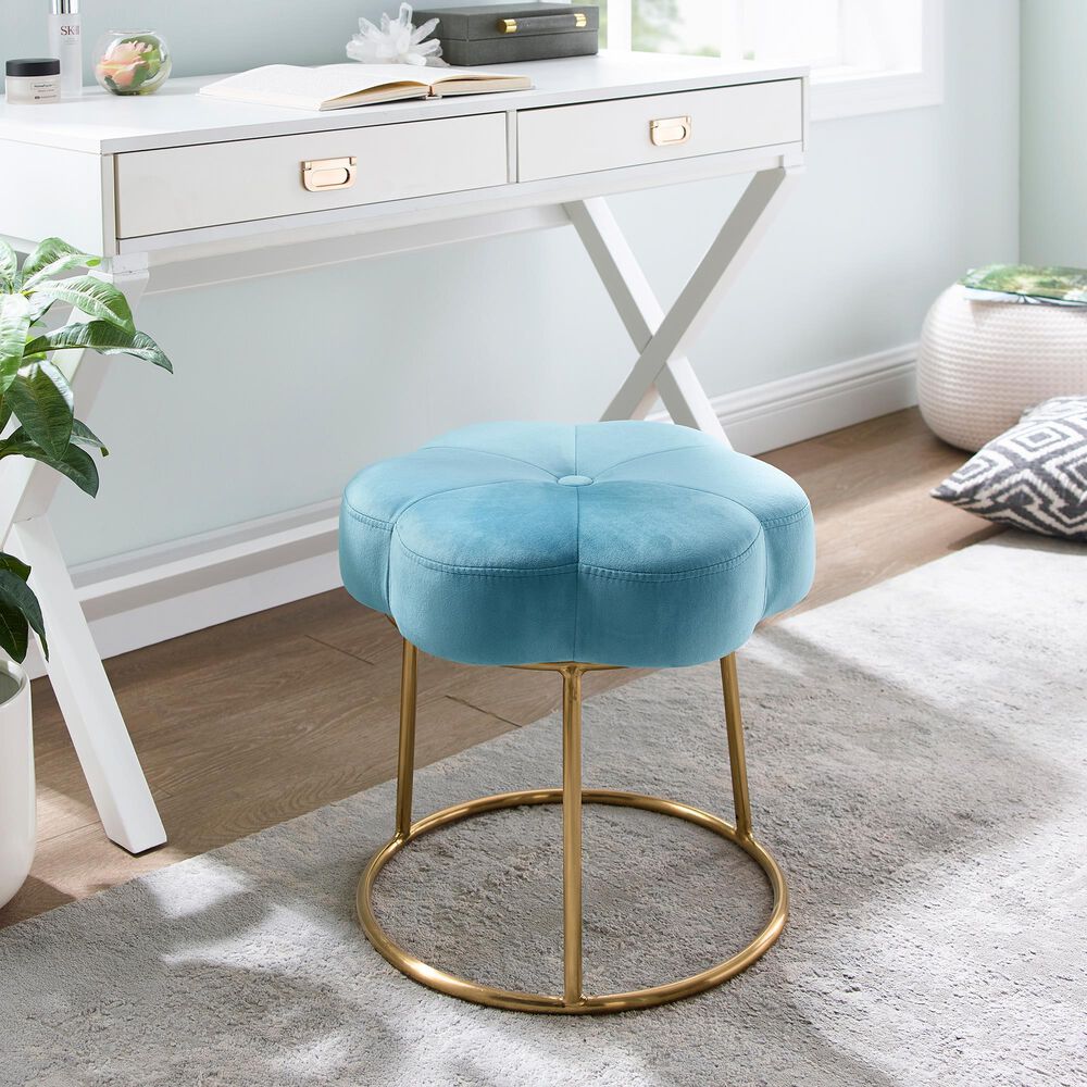 Linon Home Decor Seraphina Vanity Stool with Blue Cushion in Gold, , large