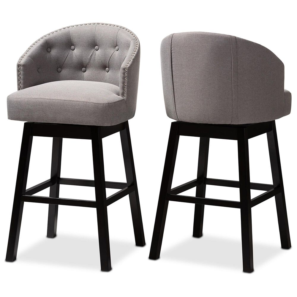 Baxton Studio Theron Swivel Bar Stool with Grey Cushion in Espresso (Set of 2), , large