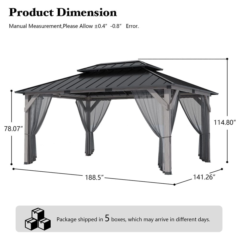HOMLUX 12' x 16' Patio Hardtop Gazebo with Wood Posts in Light Gray, , large