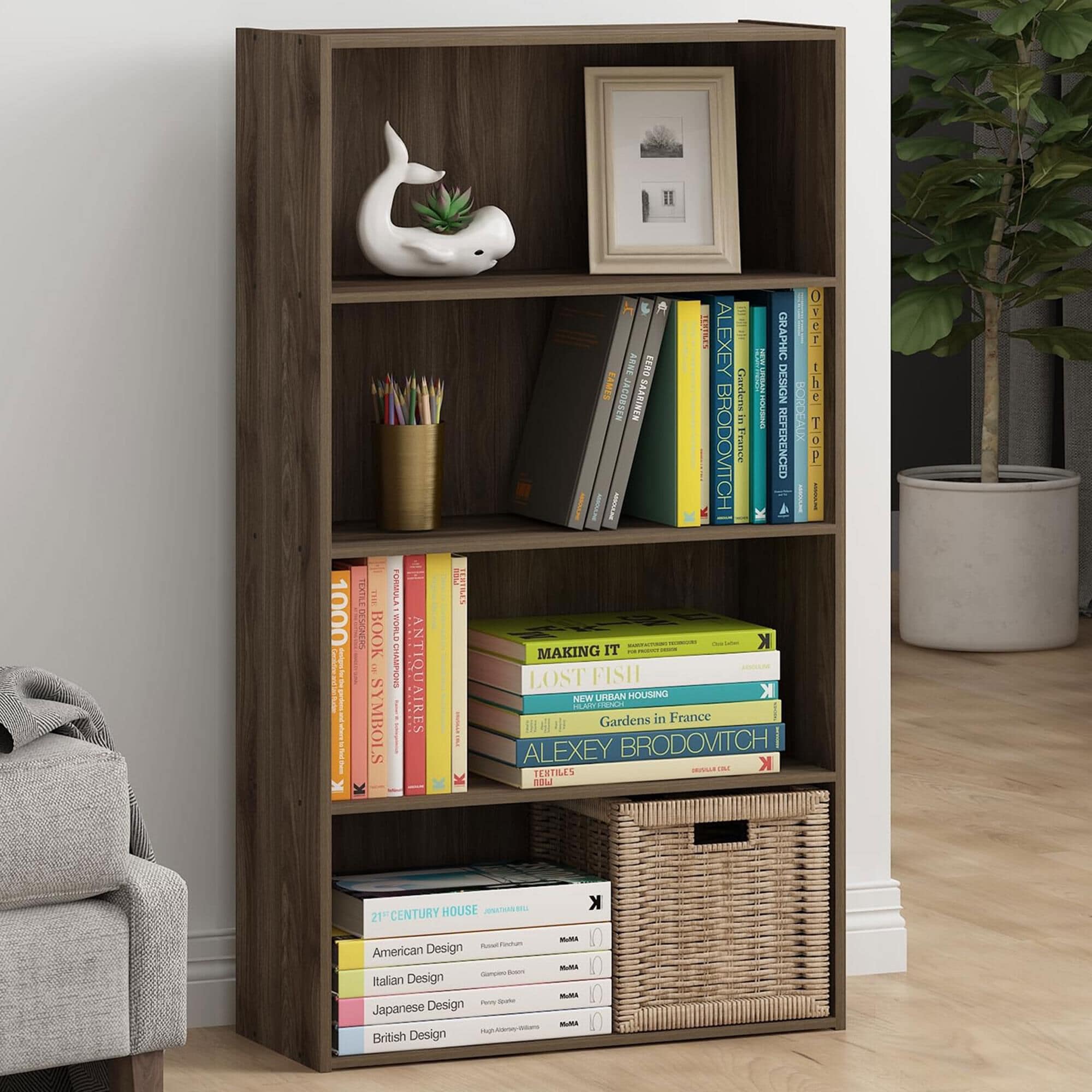 HOMLUX 4-Tier Open Shelf Bookcase in Columbia Walnut