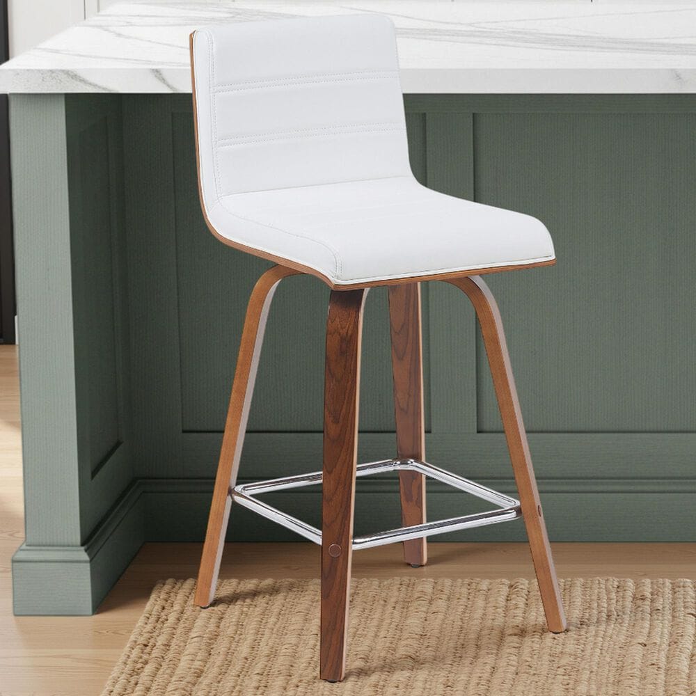 Armen Living Vienna Swivel Counter Height Stool with Snow White Upholstery in Walnut, , large