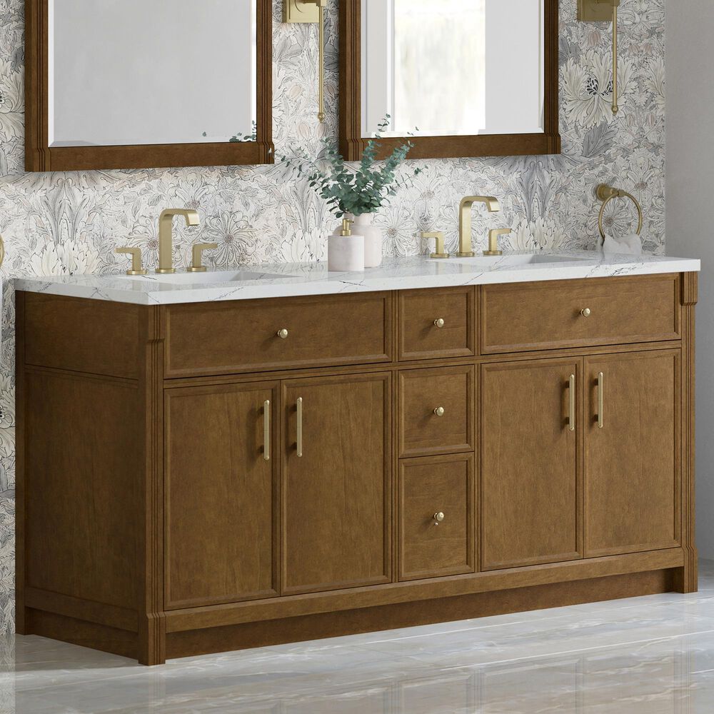 James Martin Bellshire 72" Double Bathroom Vanity in Honey Oak with 3 cm Ethereal Noctis Silestone Top and Rectangular Sinks, , large