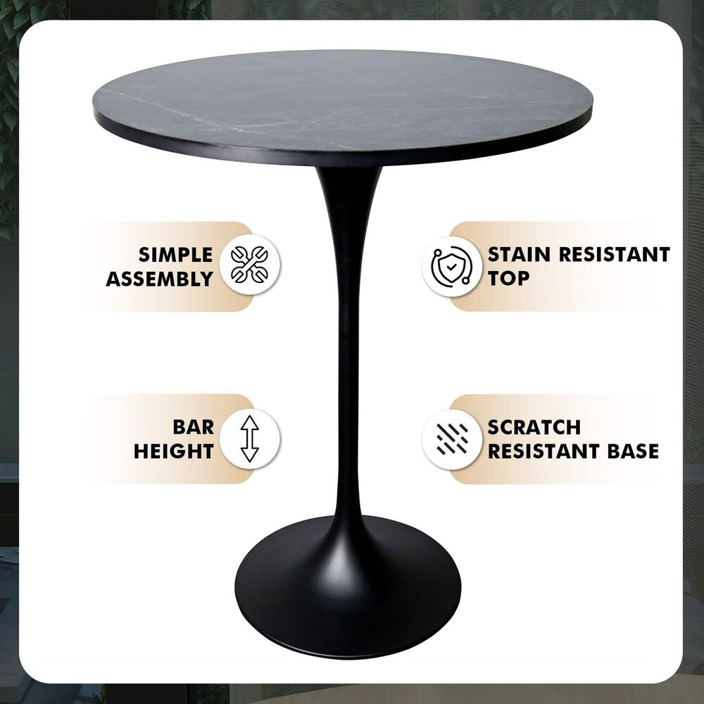 Leisuremod LeisureMod Verve Collection Modern Bar Height Table Black Base with 27 Round Black Marbleized MDF Top, , large